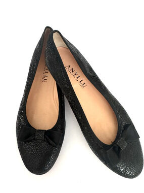 Anyi Lu Ballet Flats 40.5 US 10 Black Embossed Leather Satin Bow Handmade Italy